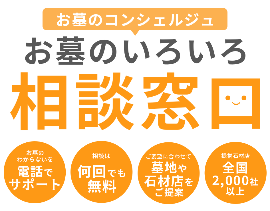 お墓のコンシェルジュ お墓のいろいろ相談窓口 お墓のわからないを電話でサポート 相談は何回でも無料 ご要望に合わせて墓地や石材店をご紹介 提携石材店全国2000社以上